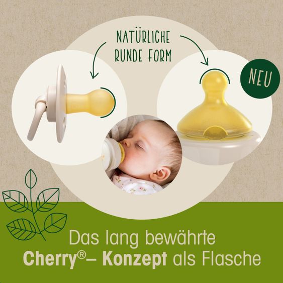 Nip Glas-Flasche Cherry green 240 ml + Latex-Trinksauger mittlerer Nahrungsfluss - Beige