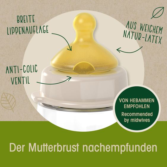 Nip Bottiglia di vetro Verde ciliegia 240 ml + Tettarella in lattice a flusso medio - Beige