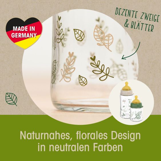 Nip Glas-Flasche Cherry green 240 ml + Latex-Trinksauger mittlerer Nahrungsfluss - Beige