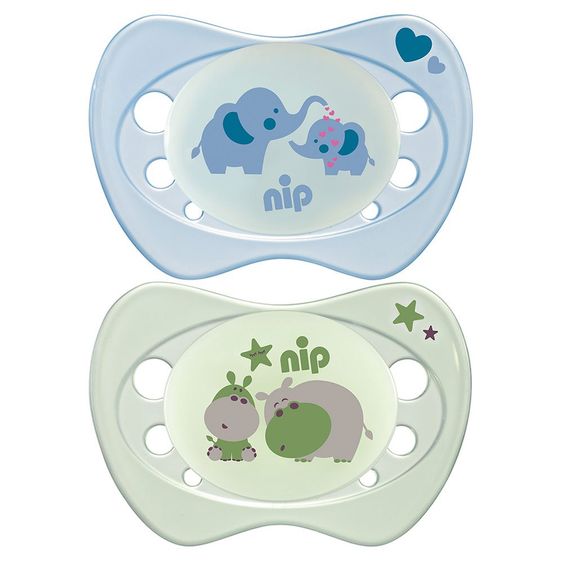 Nip Leucht-Schnuller 2er Pack Newborn Night - Silikon 0-2 M - Elefant & Hippo - Blau Grün