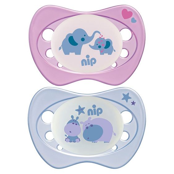 Nip Leucht-Schnuller 2er Pack Newborn Night - Silikon 0-2 M - Elefant & Hippo - Rosa Lila