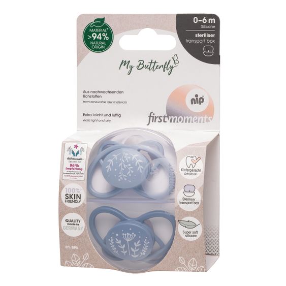 Nip Öko-Schnuller 2er Pack My Butterfly - Silikon 0-6 M - aus nachwachsenden Rohstoffen - Blau