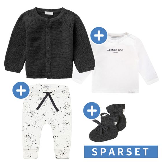 Noppies 4-tlg. Set inkl. Strickjacke, Langarmshirt, Hose & Strickschuhe aus Bio-Baumwolle - Dunkelgrau Weiß - Gr. 56