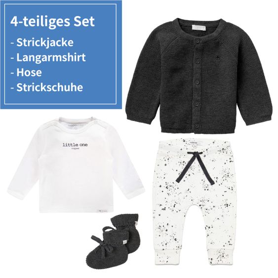 Noppies 4-tlg. Set inkl. Strickjacke, Langarmshirt, Hose & Strickschuhe aus Bio-Baumwolle - Dunkelgrau Weiß - Gr. 68