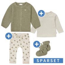 4-tlg. Set inkl. Strickjacke, Langarmshirt, Hose & Strickschuhe aus Bio-Baumwolle - Light Green Oatmeal Melange - Gr. 74