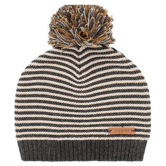 Noppies Strickmütze mit Bommel - Streifen Dunkelgrau Melange Offwhite - Gr. 0M-3M