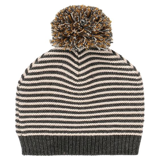 Noppies Strickmütze mit Bommel - Streifen Dunkelgrau Melange Offwhite - Gr. 0M-3M