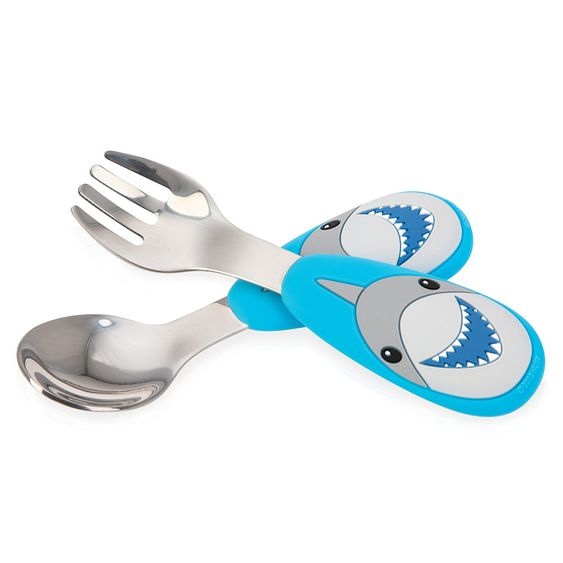Nuby 2-tlg. Esslernbesteck-Set Edelstahl mit Silikongriff - 3D Motiv Shark
