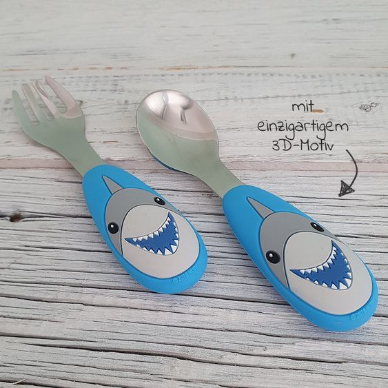 Nuby 2-tlg. Esslernbesteck-Set Edelstahl mit Silikongriff - 3D Motiv Shark