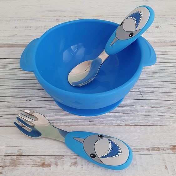 Nuby 2-tlg. Esslernbesteck-Set Edelstahl mit Silikongriff - 3D Motiv Shark