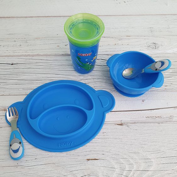 Nuby 2-tlg. Esslernbesteck-Set Edelstahl mit Silikongriff - 3D Motiv Shark