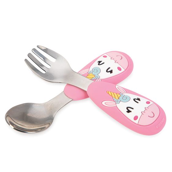 Nuby 2-tlg. Esslernbesteck-Set Edelstahl mit Silikongriff - 3D Motiv Unicorn