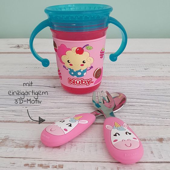 Nuby 2-tlg. Esslernbesteck-Set Edelstahl mit Silikongriff - 3D Motiv Unicorn