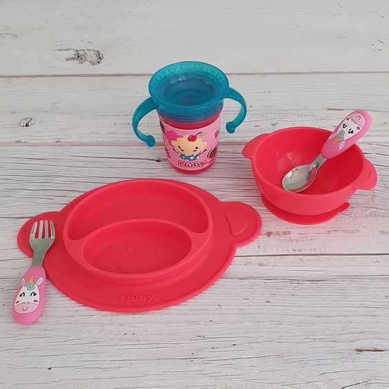 Nuby 2-tlg. Esslernbesteck-Set Edelstahl mit Silikongriff - 3D Motiv Unicorn