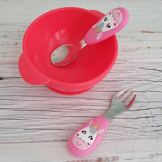 Nuby 2-tlg. Esslernbesteck-Set Edelstahl mit Silikongriff - 3D Motiv Unicorn