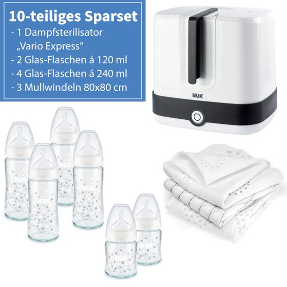 Nuk 10-piece Premium Starter Set incl. 6 glass bottles + 1 Vario Express steam sterilizer + 3 burp cloths - White Grey