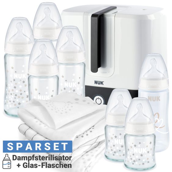 Nuk 11-tlg. Premium Starter-Set inkl. 6 Glasflaschen + 1 Dampfsterilisator Vario Express + 3 Spucktücher - Weiß Grau
