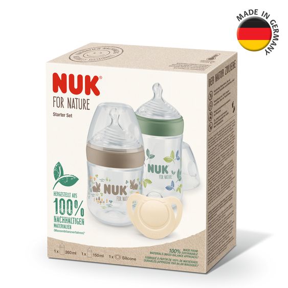 Nuk 3-tlg. Starter-Set for Nature - 2x PP-Flasche (150 ml & 260 ml) + 1x Silikon-Schnuller (0-6 Monate)