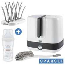 Set di 4 pezzi per la pulizia dei biberon - sterilizzatore a vapore Vario Express + scolapasta + spazzola per biberon - grigio / bianco