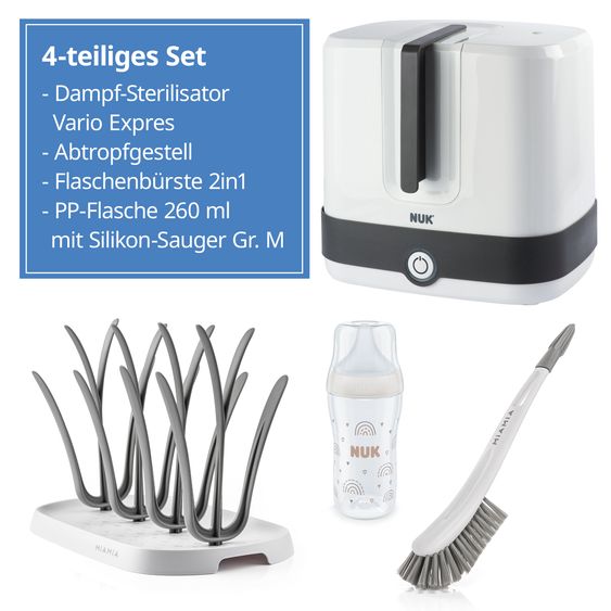 Nuk 4-tlg. Reinigungs-Set für Babyflaschen - Dampfsterilisator Vario Express + Abtropfständer + Flaschenbürste - Grau / Weiß