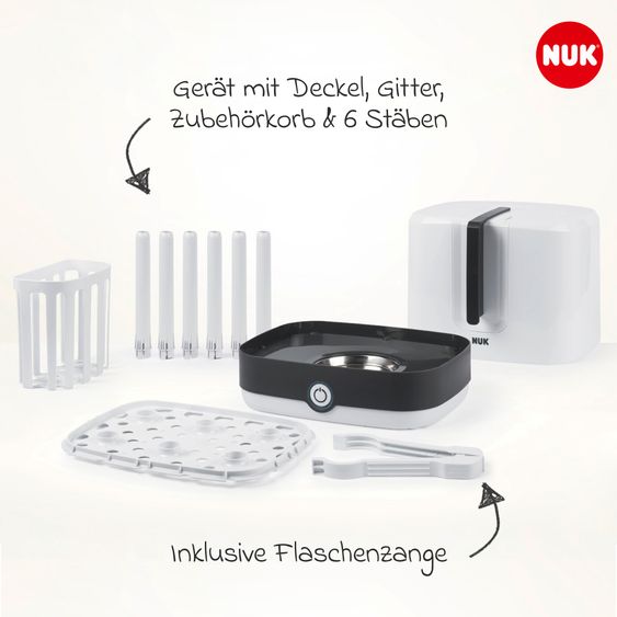 Nuk 4-piece cleaning set for baby bottles - Vario Express steam sterilizer + draining rack + bottle brush - grey / white