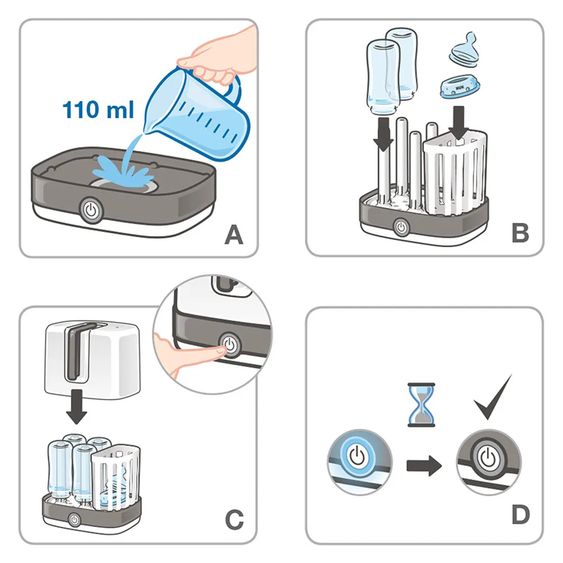 Nuk Set di 4 pezzi per la pulizia dei biberon - sterilizzatore a vapore Vario Express + scolapasta + spazzola per biberon - grigio / bianco