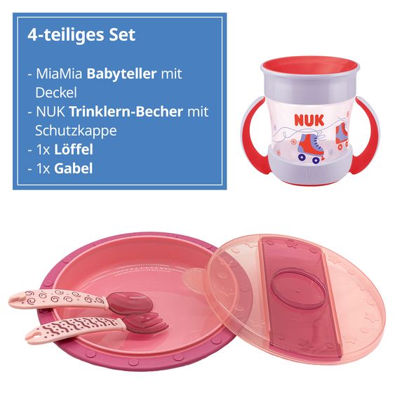 Nuk 4-piece set for on the go incl. baby plate with cutlery & sippy cup - Pink