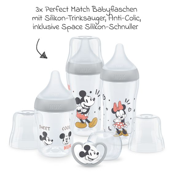 Nuk 4-tlg. Starter-Set Perfect Match - 3x PP-Flasche (150 ml & 260 ml) + Silikon-Sauger (Gr. S & M) + Schnuller Space - Disney Mickey Mouse