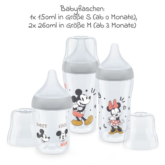 Nuk 4-piece starter set Perfect Match - 3x PP bottle (150 ml & 260 ml) + silicone teat (size S & M) + Space pacifier - Disney Mickey Mouse