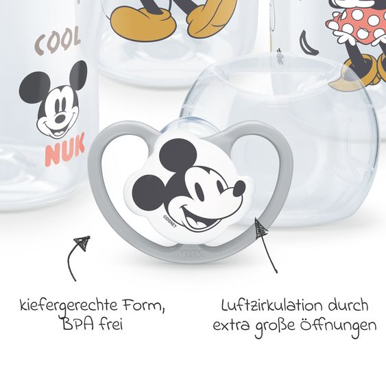 Nuk Set iniziale di 4 pezzi Perfect Match - 3x biberon in PP (150 ml e 260 ml) + tettarella in silicone (taglia S e M) + ciuccio spaziale - Disney Mickey Mouse