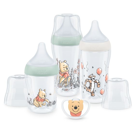 Nuk Set iniziale di 4 pezzi Perfect Match - 3x biberon in PP (150 ml e 260 ml) + tettarella in silicone (taglia S e M) + ciuccio spaziale - Disney Winnie the Pooh