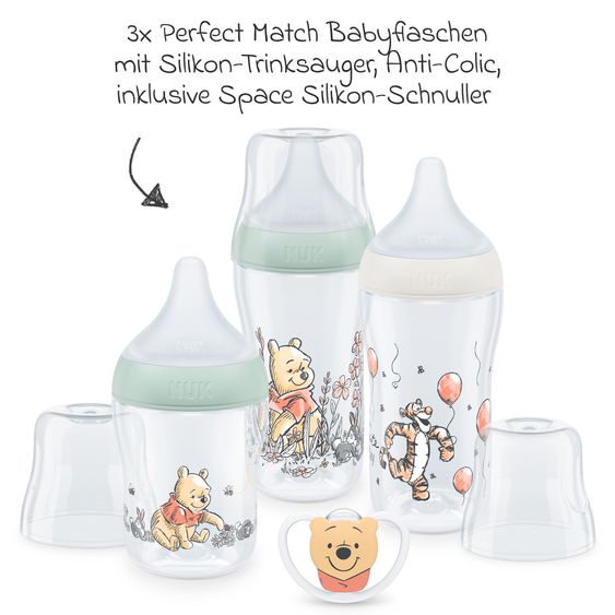 Nuk Set iniziale di 4 pezzi Perfect Match - 3x biberon in PP (150 ml e 260 ml) + tettarella in silicone (taglia S e M) + ciuccio spaziale - Disney Winnie the Pooh