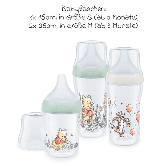 Nuk Set iniziale di 4 pezzi Perfect Match - 3x biberon in PP (150 ml e 260 ml) + tettarella in silicone (taglia S e M) + ciuccio spaziale - Disney Winnie the Pooh