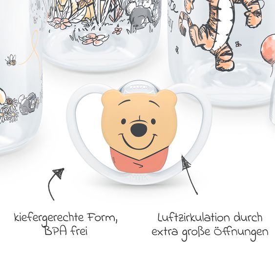 Nuk Set iniziale di 4 pezzi Perfect Match - 3x biberon in PP (150 ml e 260 ml) + tettarella in silicone (taglia S e M) + ciuccio spaziale - Disney Winnie the Pooh