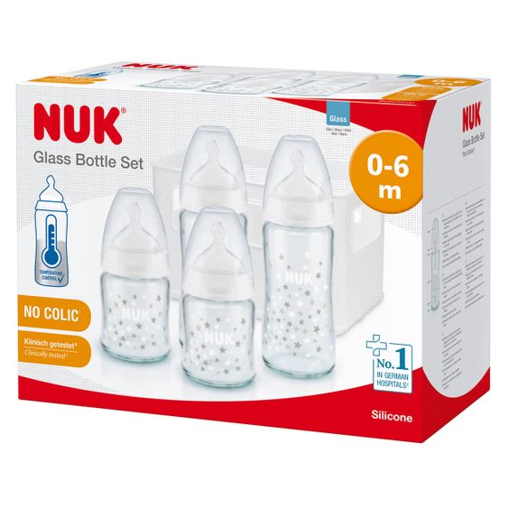 Nuk 5-tlg. Glas-Flaschen-Set First Choice Plus mit Silikon-Saugern - Temperature Control