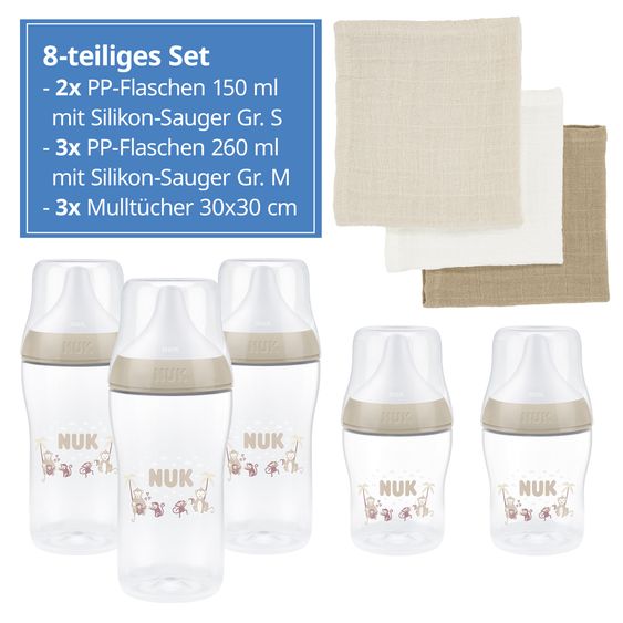 Nuk Set 8 pz. di biberon in PP Perfect Match - 5 Biberon + 3 Bavaglini - Scimmie