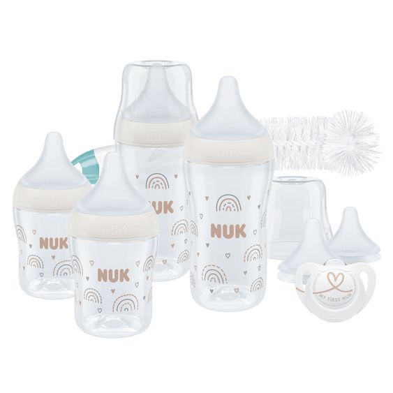 Nuk 8-tlg. Starter-Set Perfect Match - 4x PP-Flasche (150 ml & 260 ml) + Silikon-Sauger (Gr. S, M & U) + Schnuller + Flaschenbürste - Regenbogen - Weiß