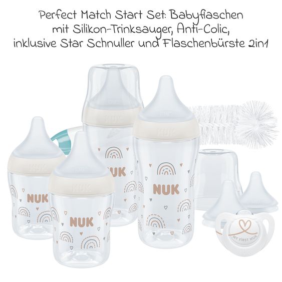 Nuk 8-piece starter set Perfect Match - 4x PP bottle (150 ml & 260 ml) + silicone teats (sizes S, M & U) + pacifier + bottle brush - rainbow - white