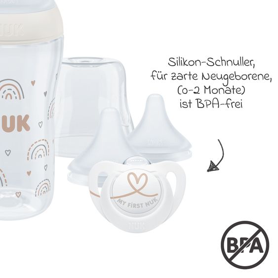 Nuk 8-tlg. Starter-Set Perfect Match - 4x PP-Flasche (150 ml & 260 ml) + Silikon-Sauger (Gr. S, M & U) + Schnuller + Flaschenbürste - Regenbogen - Weiß