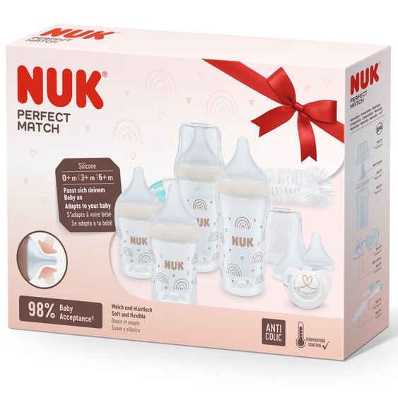 Nuk 8-tlg. Starter-Set Perfect Match - 4x PP-Flasche (150 ml & 260 ml) + Silikon-Sauger (Gr. S, M & U) + Schnuller + Flaschenbürste - Regenbogen - Weiß