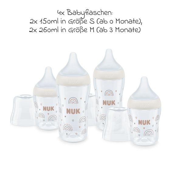 Nuk Set iniziale di 8 pezzi Perfect Match - 4x biberon in PP (150 ml e 260 ml) + tettarella in silicone (misure S, M e U) + ciuccio + scovolino - arcobaleno - bianco