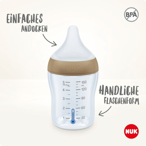 Nuk 8-tlg. Starter-Set Perfect Match - 4x PP-Flasche (150 ml & 260 ml) + Silikon-Sauger (Gr. S, M & U) + Schnuller + Flaschenbürste - Regenbogen - Weiß