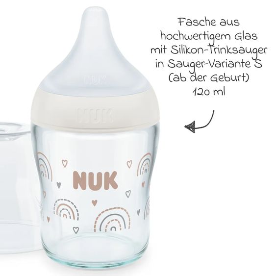 Nuk Glas-Flasche 2er Pack Perfect Match 120 ml + Silikon Sauger Gr. S - Regenbogen - Weiß