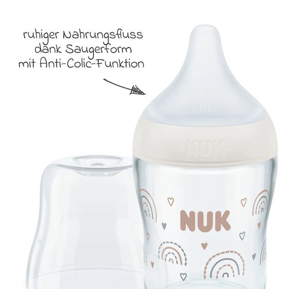 Nuk Glas-Flasche 2er Pack Perfect Match 120 ml + Silikon Sauger Gr. S - Regenbogen - Weiß