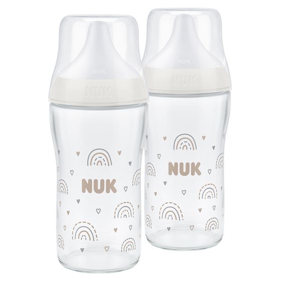 Nuk Glas-Flasche 2er Pack Perfect Match + Silikon Sauger 230 ml - Regenbogen - Gr. M