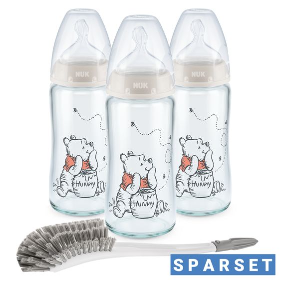 Nuk Bottiglia di vetro 3-pack First Choice Plus 240 ml + tettarella in silicone misura 1 M - Controllo della temperatura + spazzola per biberon - Disney Winnie the Pooh - Beige