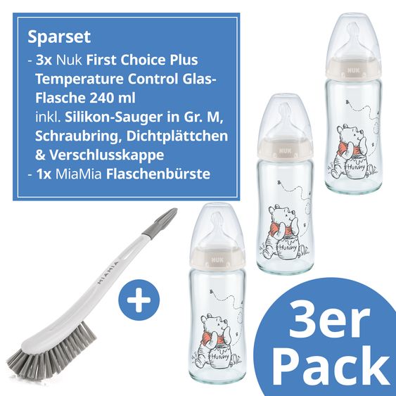 Nuk Bottiglia di vetro 3-pack First Choice Plus 240 ml + tettarella in silicone misura 1 M - Controllo della temperatura + spazzola per biberon - Disney Winnie the Pooh - Beige