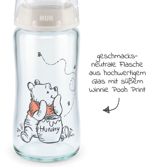 Nuk Bottiglia di vetro 3-pack First Choice Plus 240 ml + tettarella in silicone misura 1 M - Controllo della temperatura + spazzola per biberon - Disney Winnie the Pooh - Beige