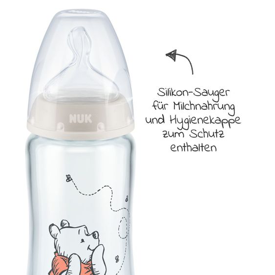 Nuk Bottiglia di vetro 3-pack First Choice Plus 240 ml + tettarella in silicone misura 1 M - Controllo della temperatura + spazzola per biberon - Disney Winnie the Pooh - Beige