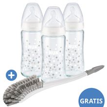 Bottiglia di vetro 3-pack First Choice Plus 240 ml + tettarella in silicone misura 1 M - Controllo della temperatura + scovolino GRATUITO - stelle